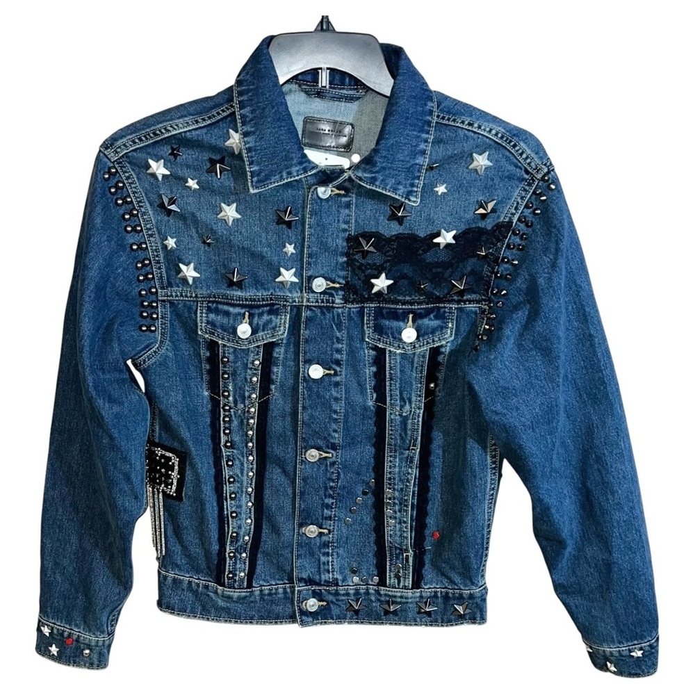 Zara Woman Jean Jacket Women’s Size XS Blue Black Silver Stars Buttons Chains